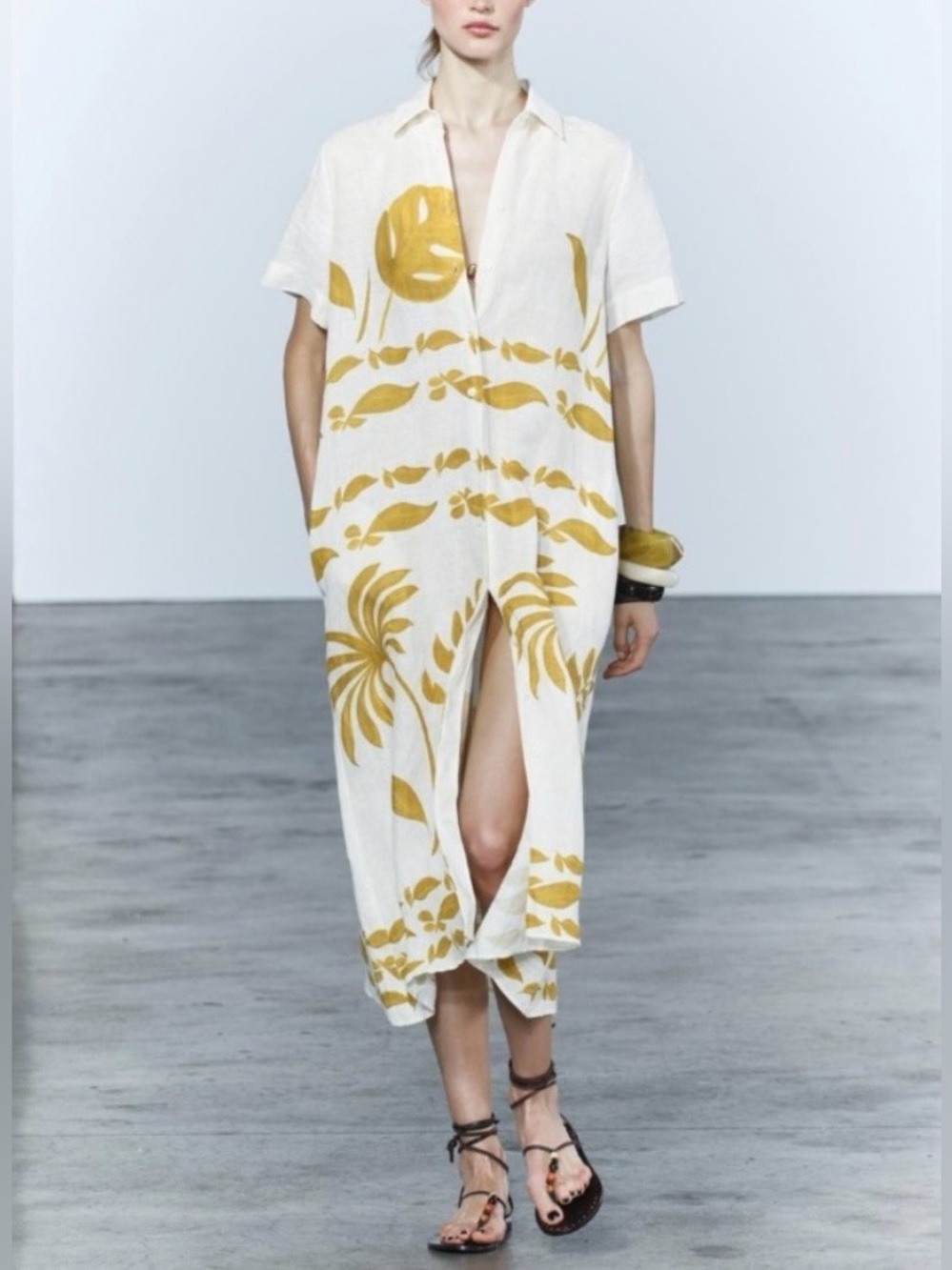 Zara ZW Collection Linen Blend Floral Shirt Dress Mustard Tropical Print L